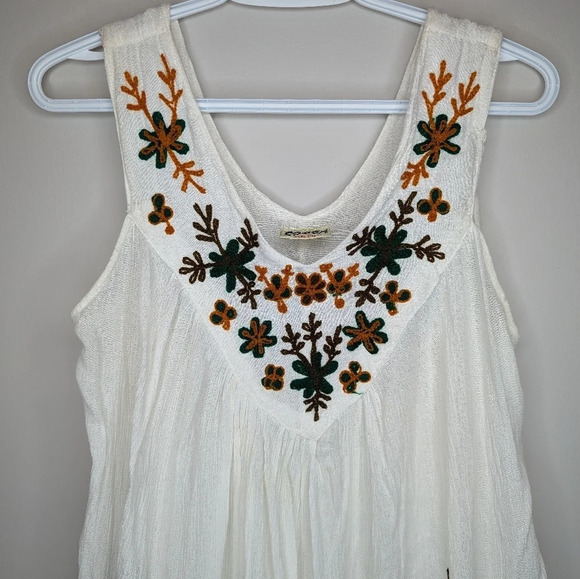 Vintage White Flowy Vacation Hippie Sleeveless Floral Embroidered Dress One Size - Picture 3 of 9